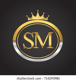 initial letter SM logotype company name with oval shape and crown, gold and silver color. vector logo for business and company identity.