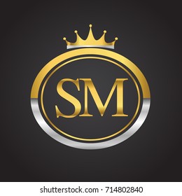 initial letter SM logotype company name with oval shape and crown, gold and silver color. vector logo for business and company identity.