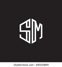 Initial letter SM, minimalist line art monogram hexagon shape logo, white color on black background