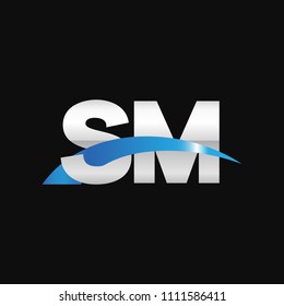 Initial letter SM, overlapping movement swoosh logo, metal silver blue color on black background
