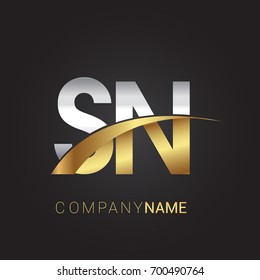 initial letter SN logotype company name colored gold and silver swoosh design. isolated on black background.