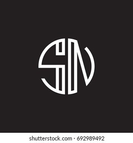 Initial letter SN, minimalist line art monogram circle shape logo, white color on black background