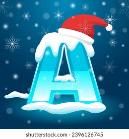 Letra inicial A con copo de nieve y elemento Santa hat, ilustración vectorial de plantilla de nevado. Alfabeto con plantilla vectorial de nieve. Vector de texto invernal utilizable para Año Nuevo o Navidad.