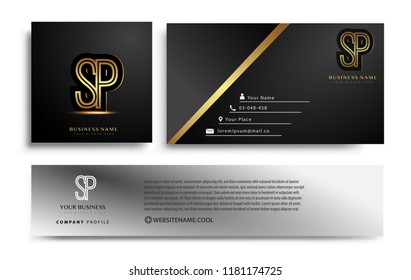 initial letter SP logotype company name colored gold elegant design. Vector sets for business identity on black background.