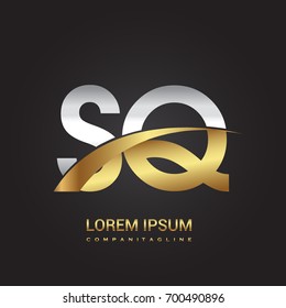 initial letter SQ logotype company name colored gold and silver swoosh design. isolated on black background.