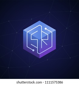 Initial letter SR, block chain, looping mono line circuit letter on hexagon cube logo, blue magenta gradient color on black blue network background