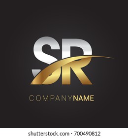 initial letter SR logotype company name colored gold and silver swoosh design. isolated on black background.