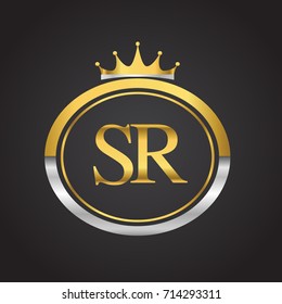 initial letter SR logotype company name with oval shape and crown, gold and silver color. vector logo for business and company identity.