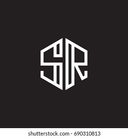 Initial letter SR, minimalist line art monogram hexagon shape logo, white color on black background