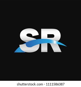 Initial letter SR, overlapping movement swoosh logo, metal silver blue color on black background