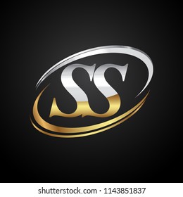 initial letter SS logotype company name colored gold and silver swoosh design. isolated on black background.