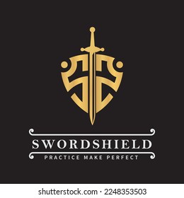 Initial Letter SS Shield shape and sword logo template in gold color