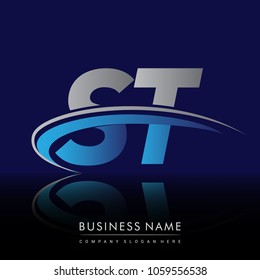 initial letter ST logotype company name colored blue and grey swoosh design. vector logo for business and company identity.