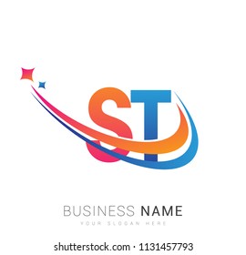 initial letter ST logotype company name colored orange, red and blue swoosh star design. vector logo for business and company identity.
