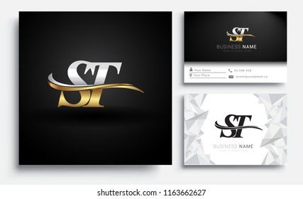 initial letter ST logotype company name colored gold and silver swoosh design. Vector sets for business identity on white background.