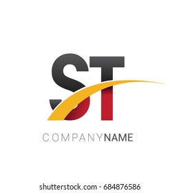 initial letter ST logotype company name colored red, black and yellow swoosh design. isolated on white background.
