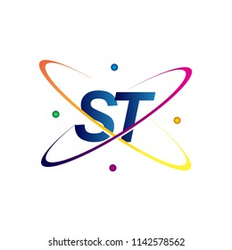 initial letter ST logotype science icon colored blue, red, green and yellow swoosh design. vector logo for business and company identity.
