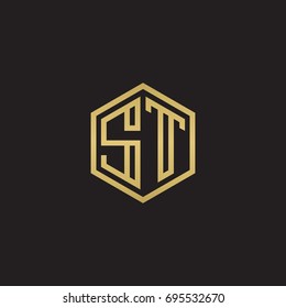 Initial letter ST, minimalist line art hexagon logo, gold color on black background