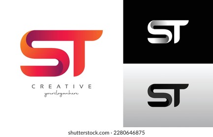 Initial letter ST, straight linked line bold logo, gradient fire red black colors