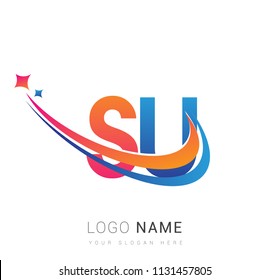 initial letter SU logotype company name colored orange, red and blue swoosh star design. vector logo for business and company identity.