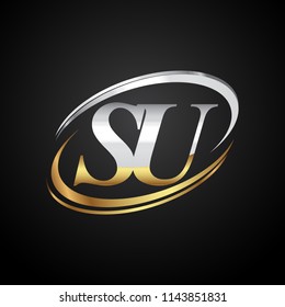 initial letter SU logotype company name colored gold and silver swoosh design. isolated on black background.