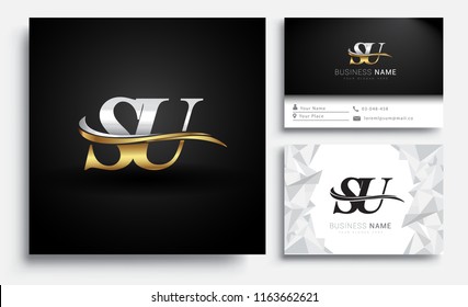 initial letter SU logotype company name colored gold and silver swoosh design. Vector sets for business identity on white background.