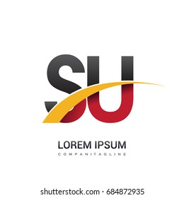 initial letter SU logotype company name colored red, black and yellow swoosh design. isolated on white background.
