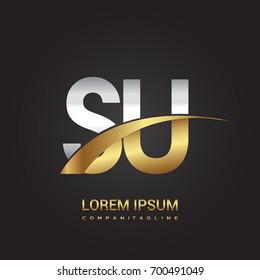 initial letter SU logotype company name colored gold and silver swoosh design. isolated on black background.