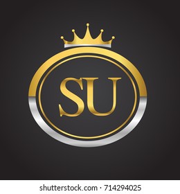 initial letter SU logotype company name with oval shape and crown, gold and silver color. vector logo for business and company identity.
