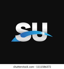 Initial letter SU, overlapping movement swoosh logo, metal silver blue color on black background