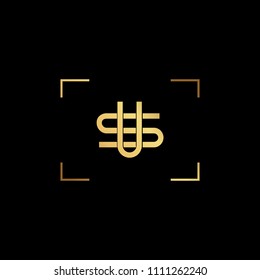 Initial letter SU US minimalist art monogram shape logo, gold color on black background