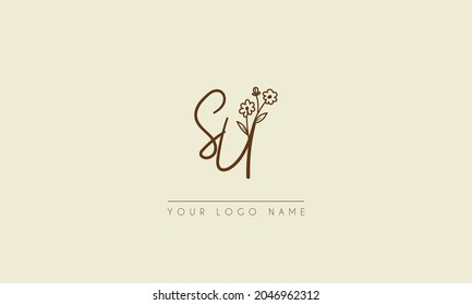 Initial letter SU Or US Signature handwritten wedding botanical floral icon logo vector  design  illustration symbol