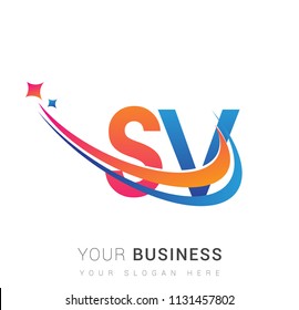 initial letter SV logotype company name colored orange, red and blue swoosh star design. vector logo for business and company identity.