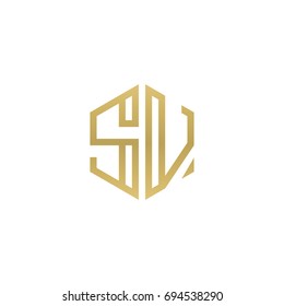 Initial letter SV, minimalist line art hexagon shape logo, gold color