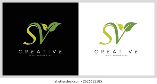 Logotipo inicial del monograma de la letra SV con diseño de la hoja