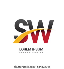 initial letter SW logotype company name colored red, black and yellow swoosh design. isolated on white background.
