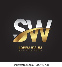 initial letter SW logotype company name colored gold and silver swoosh design. isolated on black background.
