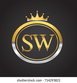 initial letter SW logotype company name with oval shape and crown, gold and silver color. vector logo for business and company identity.