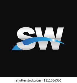 Initial letter SW, overlapping movement swoosh logo, metal silver blue color on black background