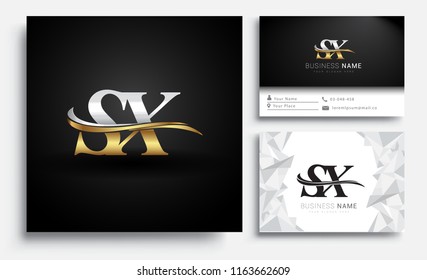 initial letter SX logotype company name colored gold and silver swoosh design. Vector sets for business identity on white background.