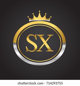 initial letter SX logotype company name with oval shape and crown, gold and silver color. vector logo for business and company identity.