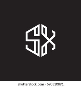 Initial letter SX, minimalist line art monogram hexagon shape logo, white color on black background
