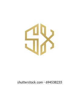 Initial letter SX, minimalist line art hexagon shape logo, gold color