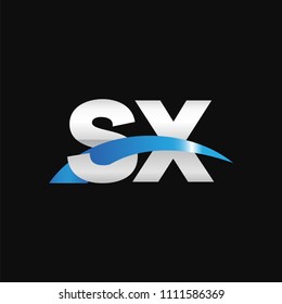 Initial letter SX, overlapping movement swoosh logo, metal silver blue color on black background