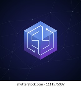 Initial letter SY, block chain, looping mono line circuit letter on hexagon cube logo, blue magenta gradient color on black blue network background