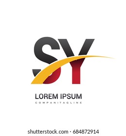 initial letter SY logotype company name colored red, black and yellow swoosh design. isolated on white background.
