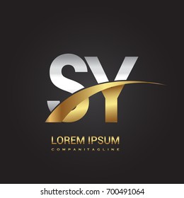 initial letter SY logotype company name colored gold and silver swoosh design. isolated on black background.