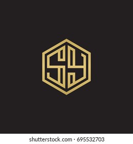 Initial letter SY, minimalist line art hexagon logo, gold color on black background