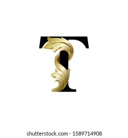 Initial letter T, 3D luxury golden leaf overlapping black sherif font on white background