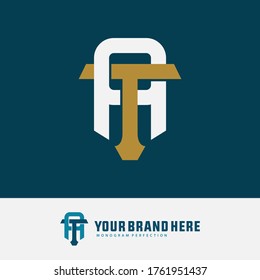 Initial letter T, A, TA or AT overlapping, interlock, monogram logo, gold and white color on blue tosca background